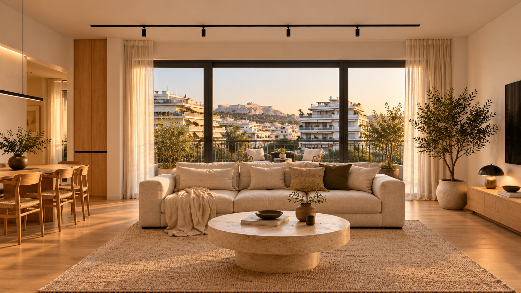 Φωτορεαλιστική απεικόνιση ανακαινισμένου διαμερίσματος πόλης με ανθρακί κουφώματα αλουμινίου, ζεστή μίνιμαλ επίπλωση και σύγχρονο φωτισμό